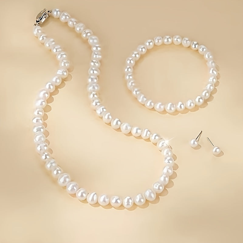 Stylish Trio, Sophisticated Freshwater Pearl Jewelry Set for Women - Complete with Beautiful Necklace, Bracelet & Stud Earrings - Opulent, Timeless Accessories