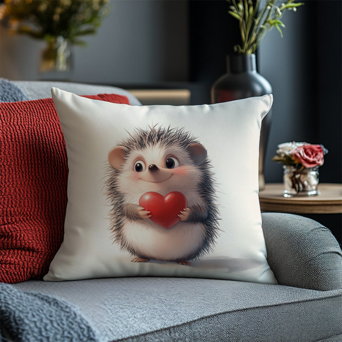 Hedgehog & heart print throw pillow cover, 44.96x44.96cm - Ideal for living room or bedroom decor. Made of machine washable polyester with zip closure. Insert not included.