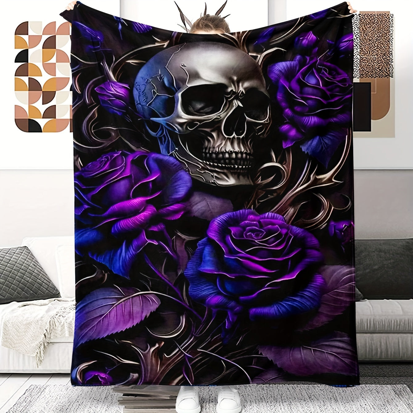 Soft, hypoallergenic flannel throw blanket featuring a traditional skull and roses print. This multipurpose blanket is perfect for all seasons and can be hand washed for easy maintenance. Made with soft polyester, it is ideal for boys, girls, and adults