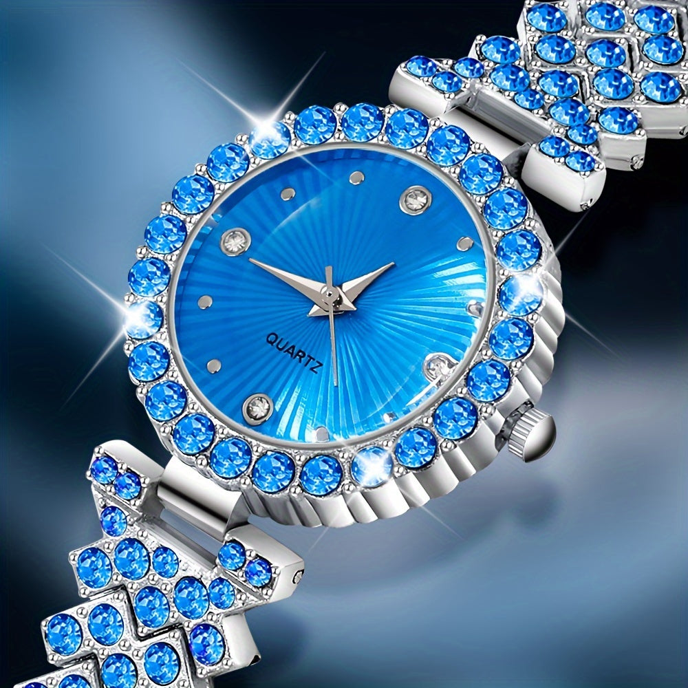 5 elegant women's quartz watch and heart-shaped gemstone jewelry set in glamorous blue crystal wristwatch with zinc alloy band, paired with sparkling necklace, earrings, and ring. Ideal for