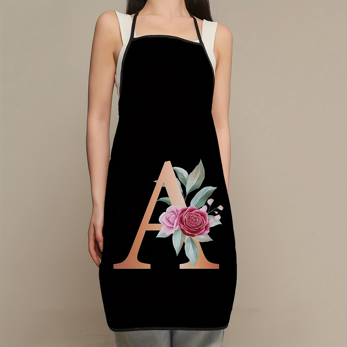 Women's flower and letter printed polyester apron - waterproof, thickened, and cute for household and kitchen use.