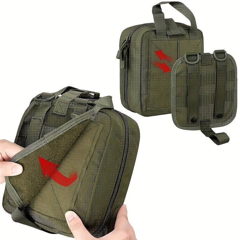 Rugged tactical first aid kit with quick release EMT pouch and MOLLE system in durable nylon bag for outdoor survival, green.