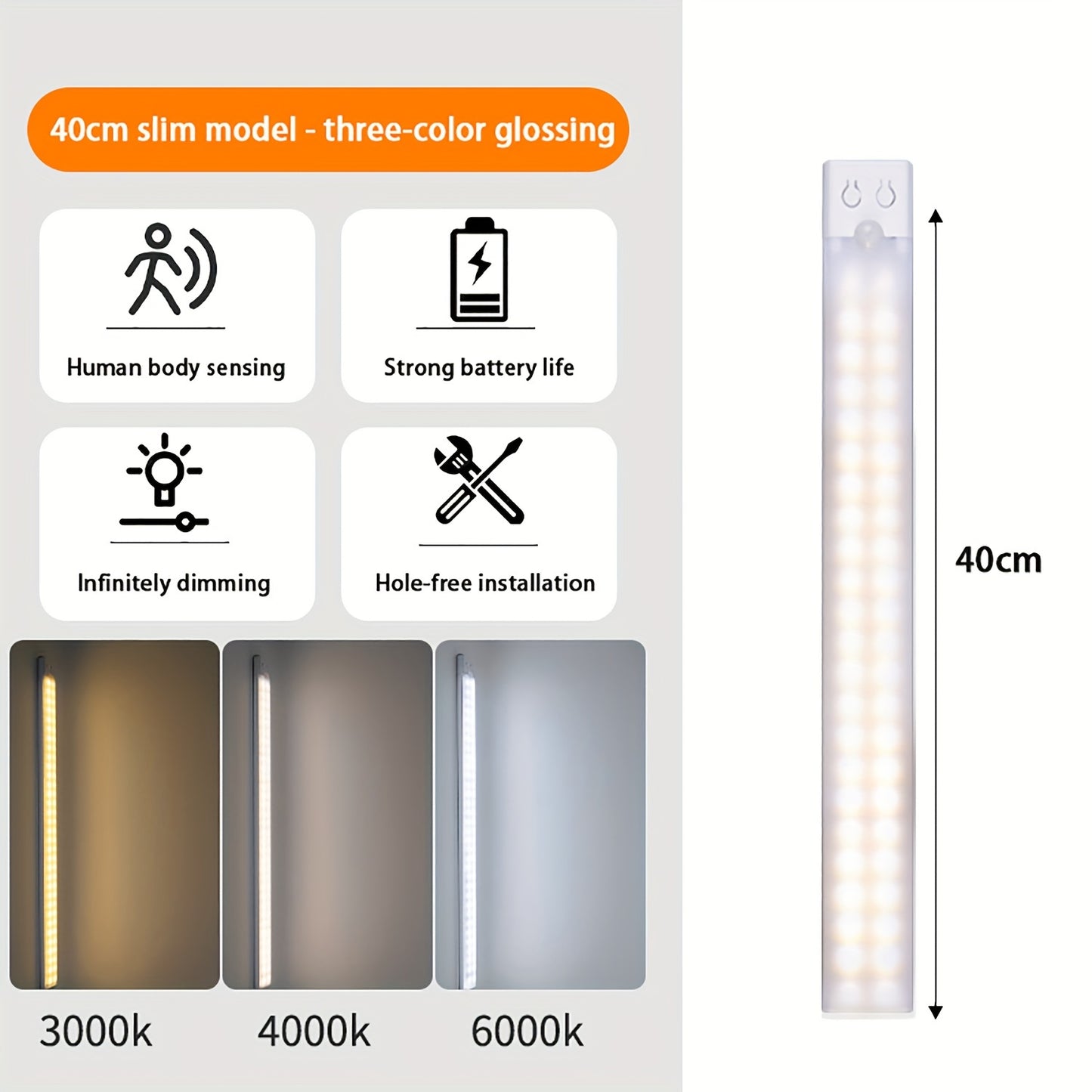 Ultra-thin LED light strip with human body sensing, multi-mode switching, wall-mounted design, and rechargeable lithium battery. Ideal for kitchen, wardrobe, bedroom, wine cabinet.