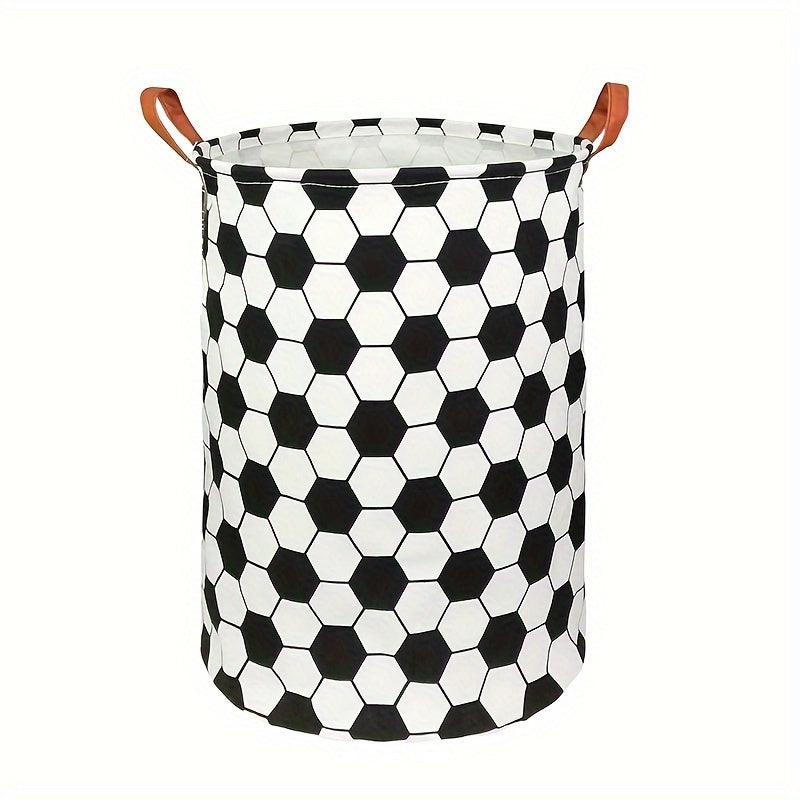 Large canvas fabric laundry hamper with a round shape and football design, perfect for organizing dirty clothes in college dorms, bedrooms, bathrooms, and laundry rooms. This lightweight storage basket is collapsible and waterproof, making it ideal for