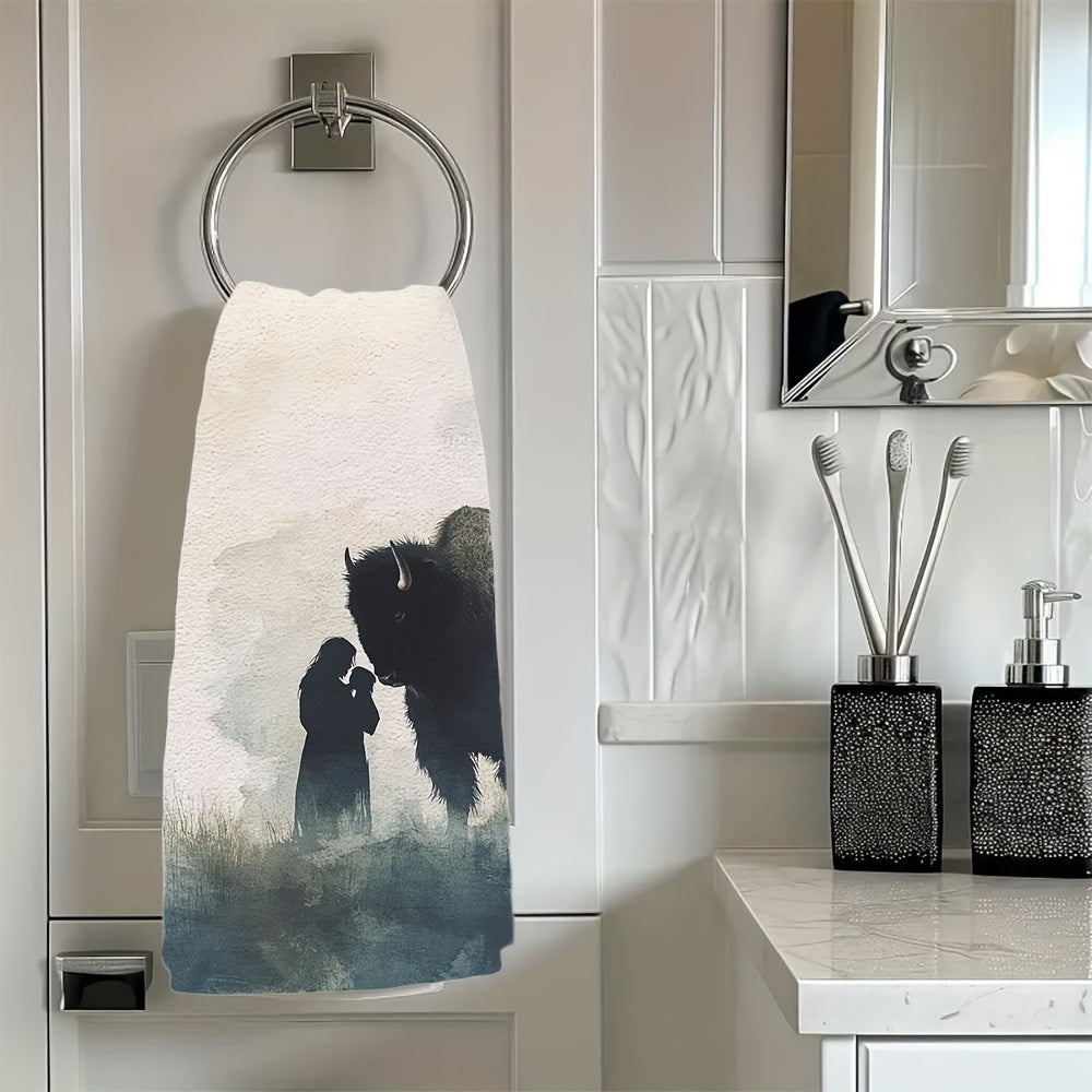 Set of 2 Ultra Soft Kitchen Towels featuring a Watercolor Bison and Human Silhouette Design. Made with highly absorbent polyester, these dish hand towels are machine washable and measure 40.64x60.96 cm. Perfect for adding a touch of holiday decor to your