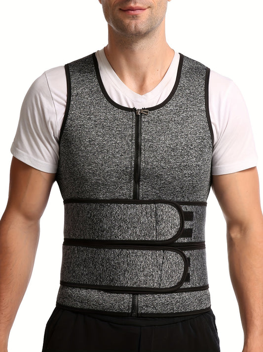 Men's Gray Neoprene Double Belt Vest Shapewear with Sweat Bodysuit.