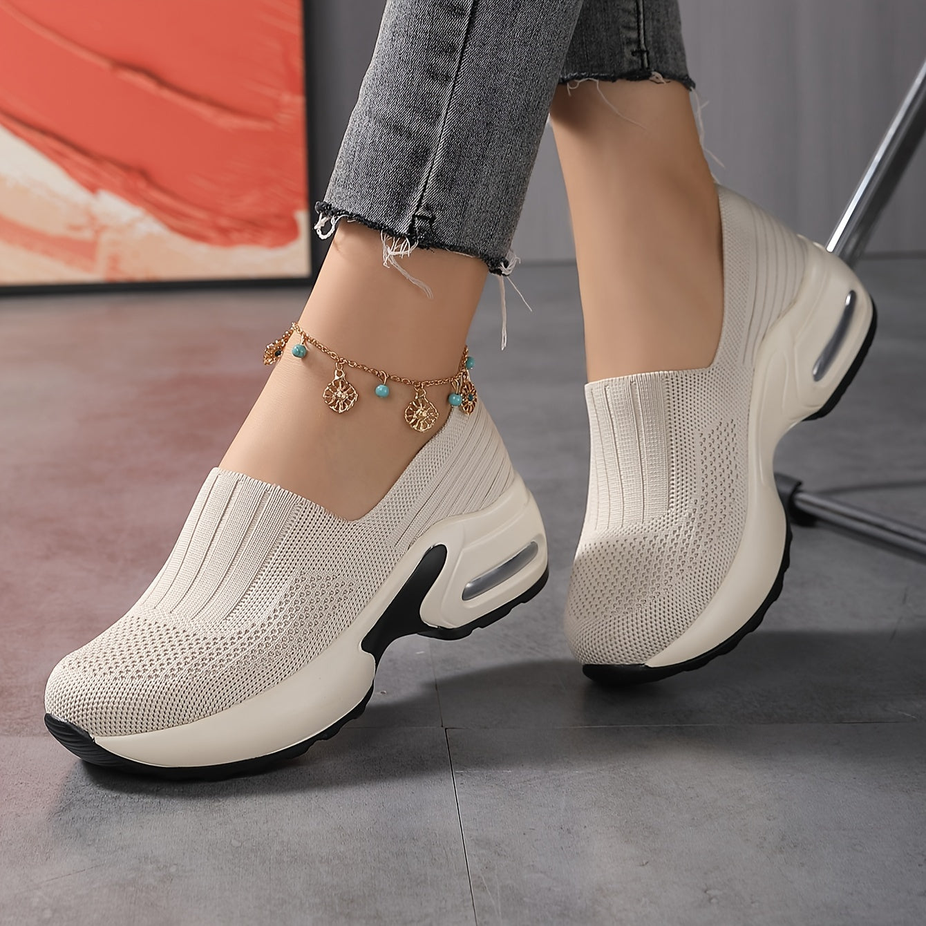 Spring fashion sneakers for women with breathable mesh upper, cushioned air sole, slip-on design and casual sports functionality.