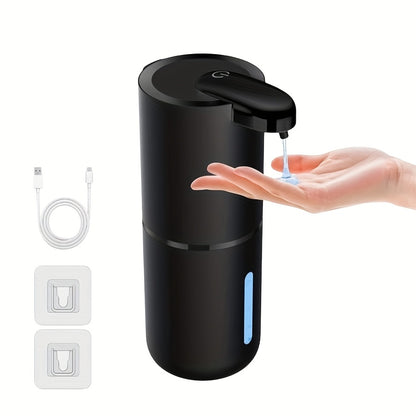 Wall-mounted 380ml Soap Dispenser with USB rechargeable battery offers touchless hand & lotion pump operation. Made of plastic with multi-level foaming press for bathroom use.