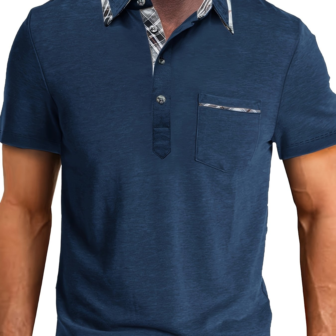 Men's plus size polo shirt with pocket, plaid lapel collar, knit fabric with slight stretch (77% polyester, 19% viscose, 4% elastane), ideal for summer at 180g/m² weight.