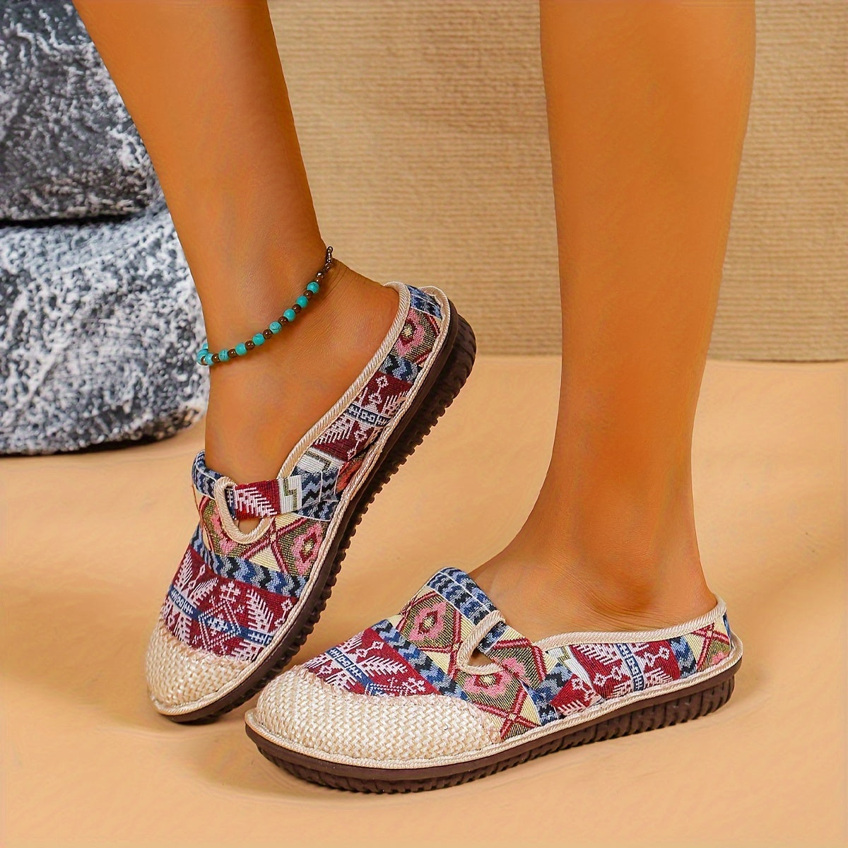 Geometric Closed Toe Mules for Women, Round Toe Non-slip Linen Cloges