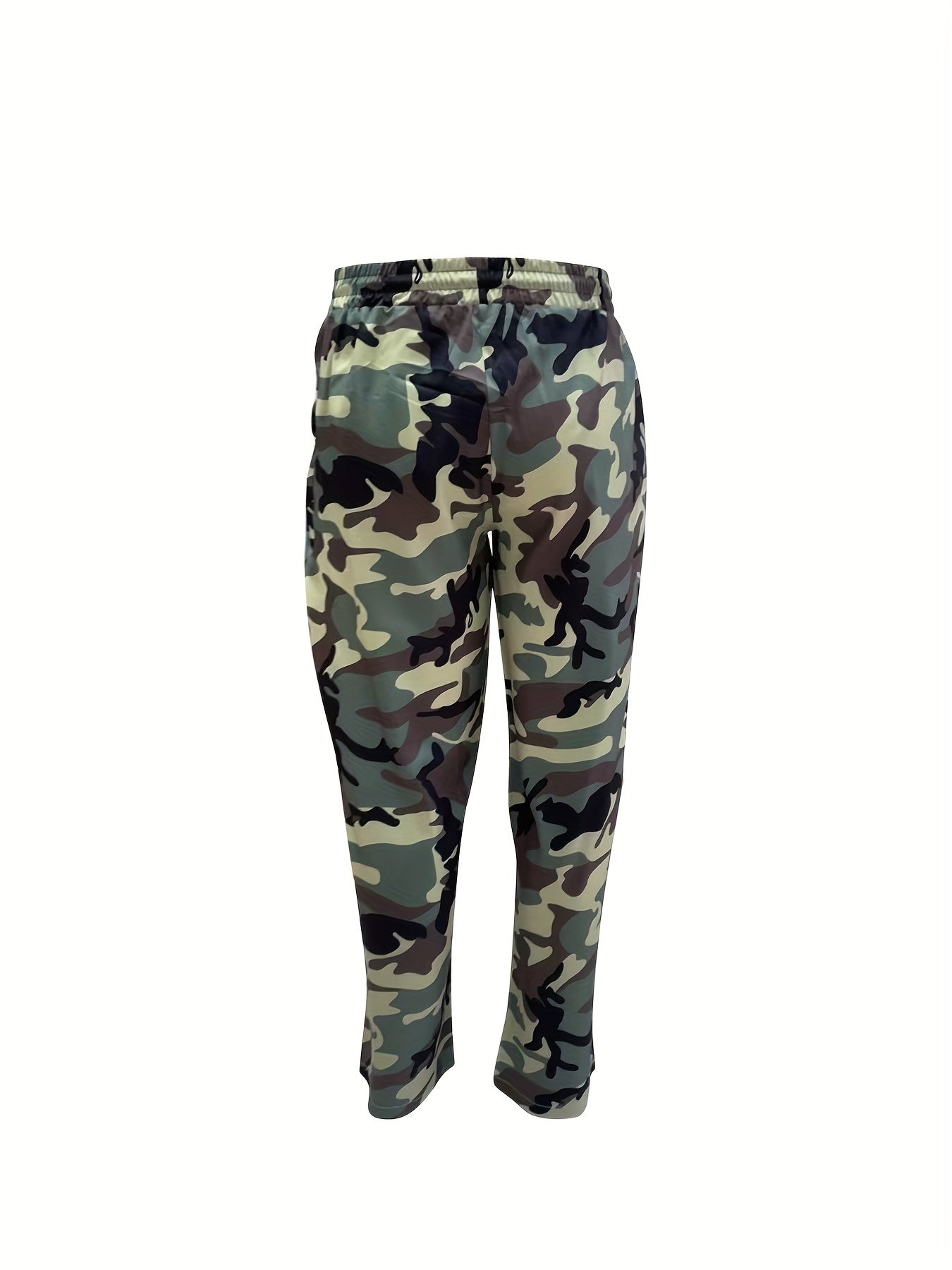 Plus Size Men's loose-fit athletic pants in camo print, made of machine washable polyester fabric.