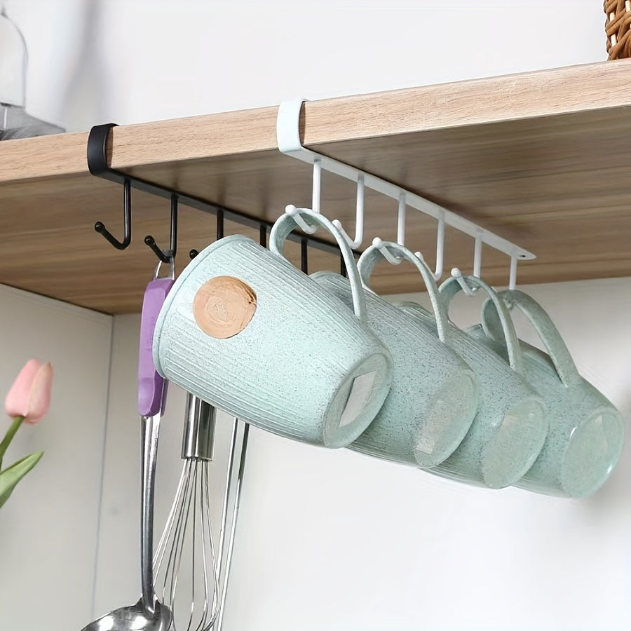 Double row hanging hook cup rack made of cast iron for kitchen cabinet storage without the need for drilling, electricity, or powered usage.