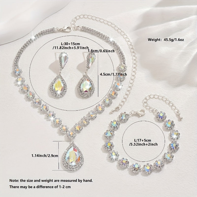 Bridal Jewelry Set: Exquisite Luxury 925 Silver Plated Set with Flower Design and Synthetic Diamonds, Featuring a Copper Construction. Includes Teardrop Necklace, Earrings, and Bracelet - Perfect for Weddings and Banquets.