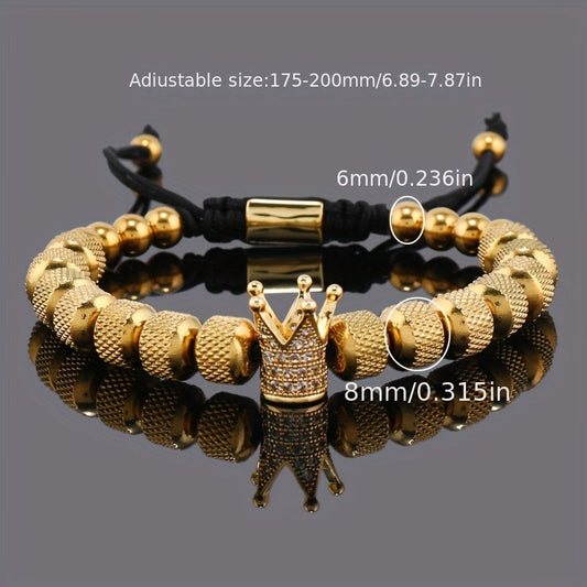 1 Piece of Luxury CZ Royal Golden Crown Charms Stainless Steel Beads Men's Bracelet, Perfect Valentine's Day Gift for Men's Jewelry