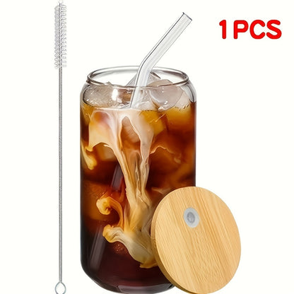 Set of drinking glasses with bamboo lids and glass straws; 16oz can shaped cups for beer, iced coffee and cocktails. Ideal gift for whiskey lovers.