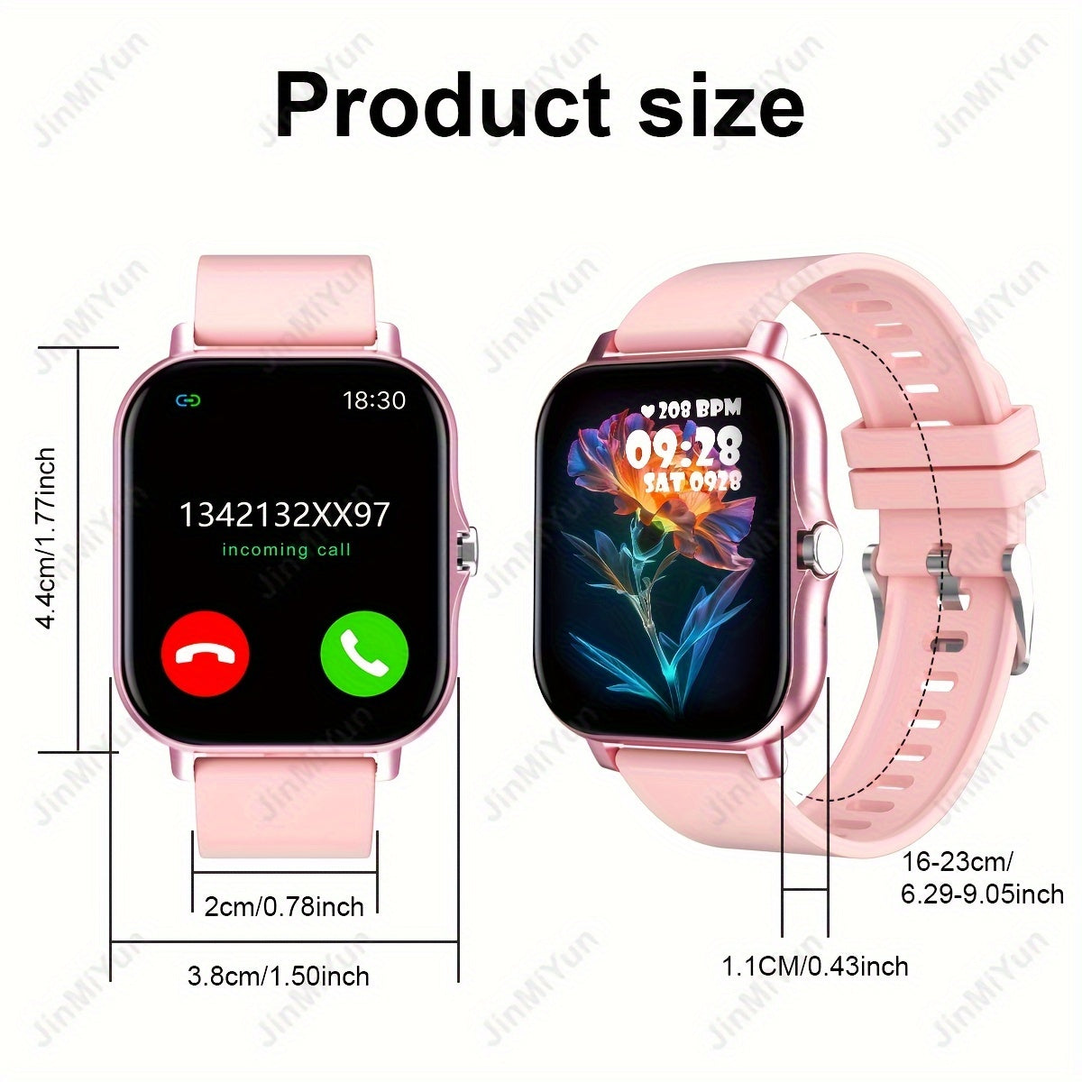 4.65cm Full Touch Screen Smartwatch in Pink for Men & Women - Features Wireless 5.0, Multi-Sport Modes, Wireless Calling, Music Control, Weather Forecast, & Monitoring. Compatible with