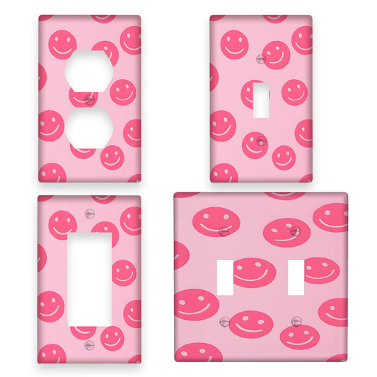 1pc Pink Smile Face Wall Plate Cover, decorative light switch outlet panel, no battery needed, easy to clean, suitable for home wall decor in bedroom or kitchen.