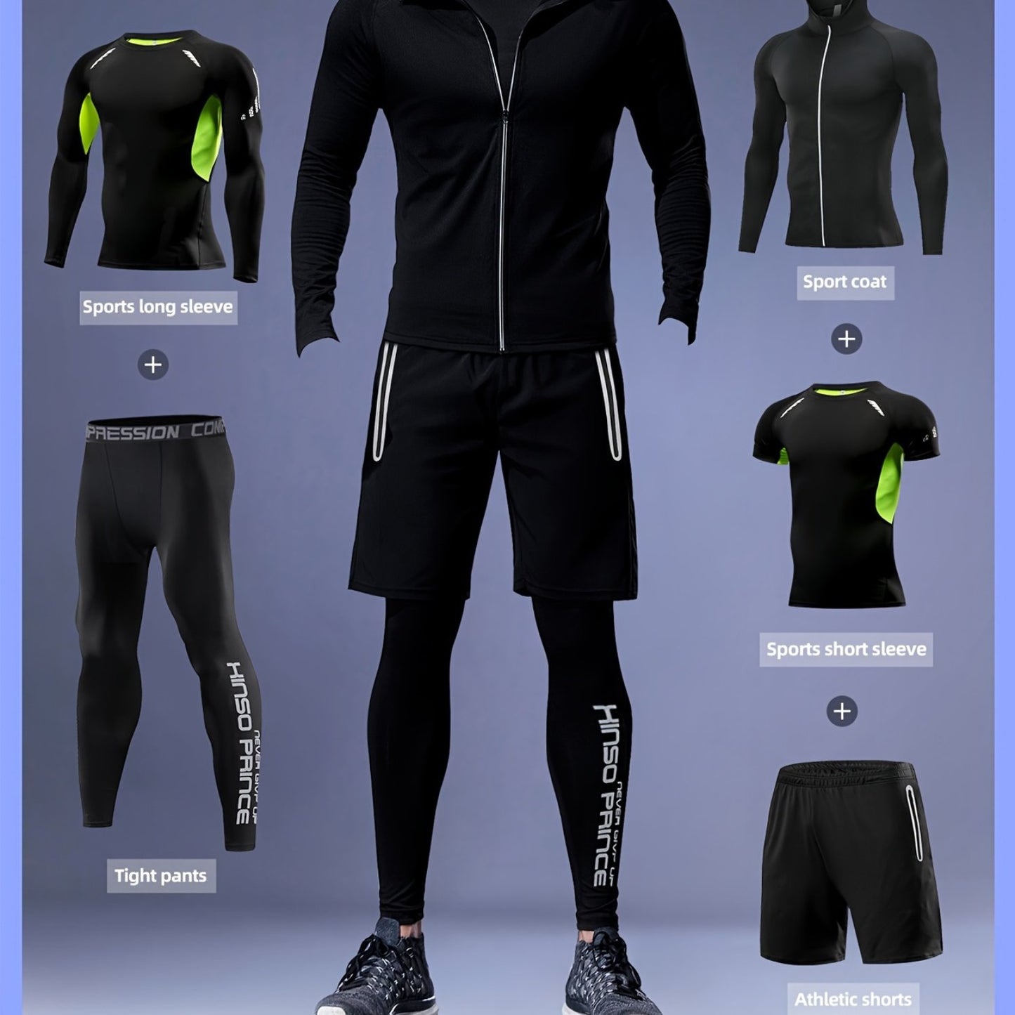 Men's athletic sportswear set includes 5 pieces made of polyester knit fabric with a skinny fit, zipper detail, and hooded jacket. Set includes long and short sleeve tops, tight pants, and