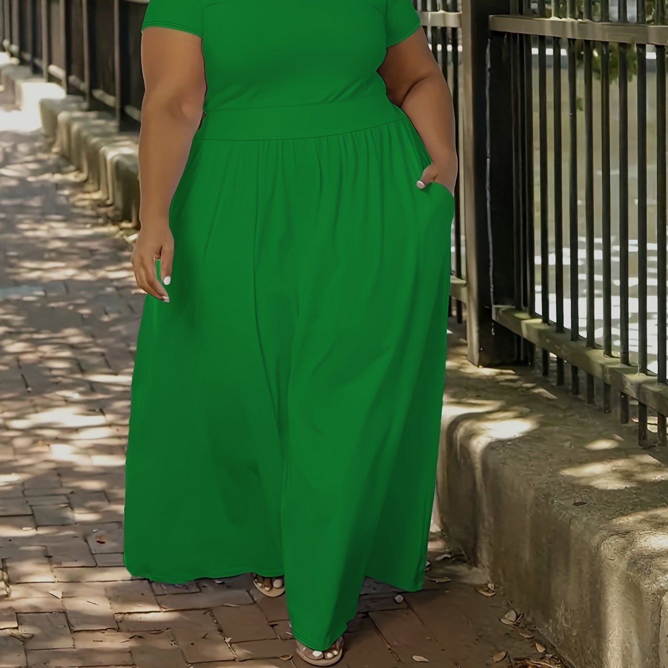 Stretchy solid maxi dress for plus size women with short sleeves