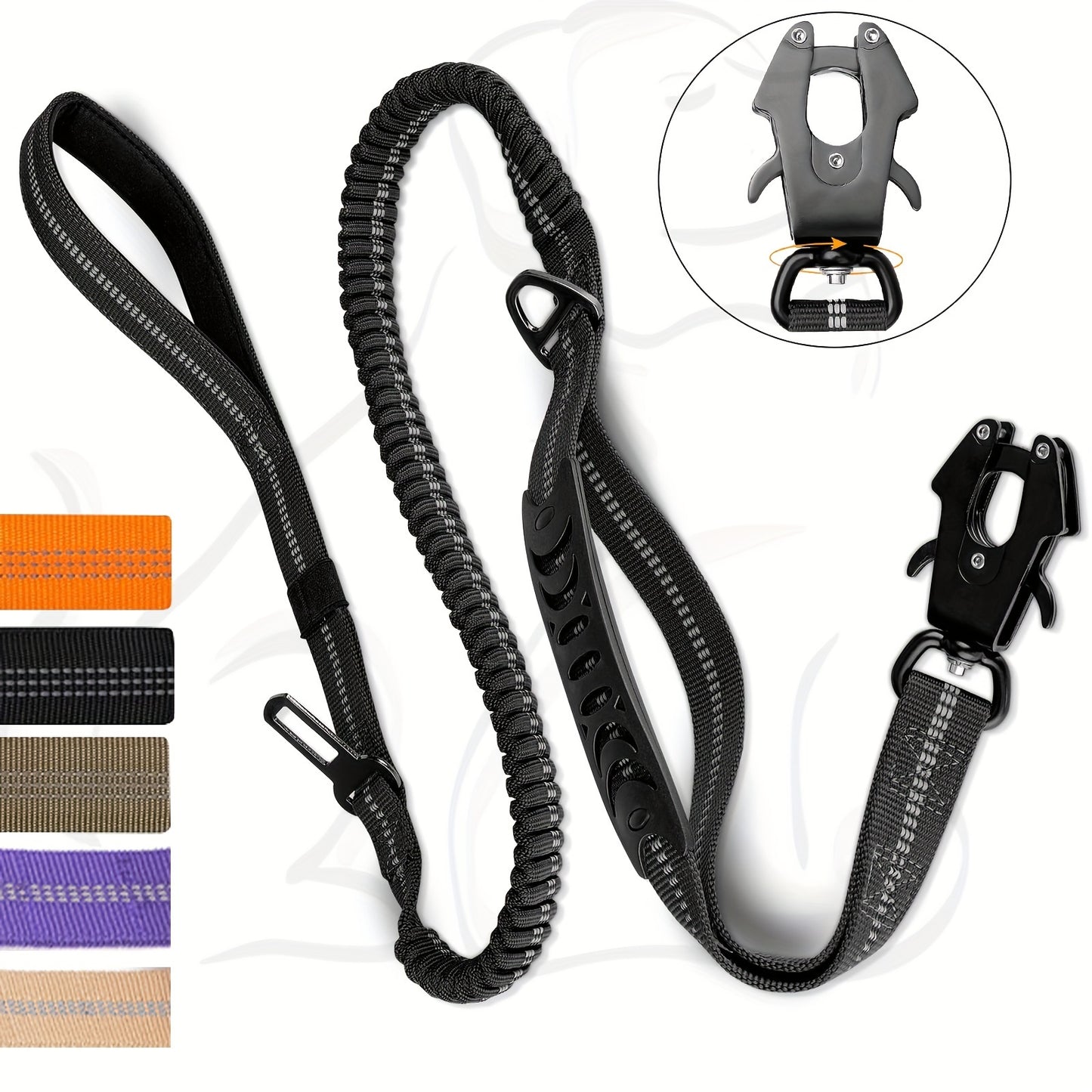 Durable tactical bungee dog leash with quick release carabiner, reflective design, and car seatbelt attachment for medium to large dogs in khaki, black, army green, and orange.