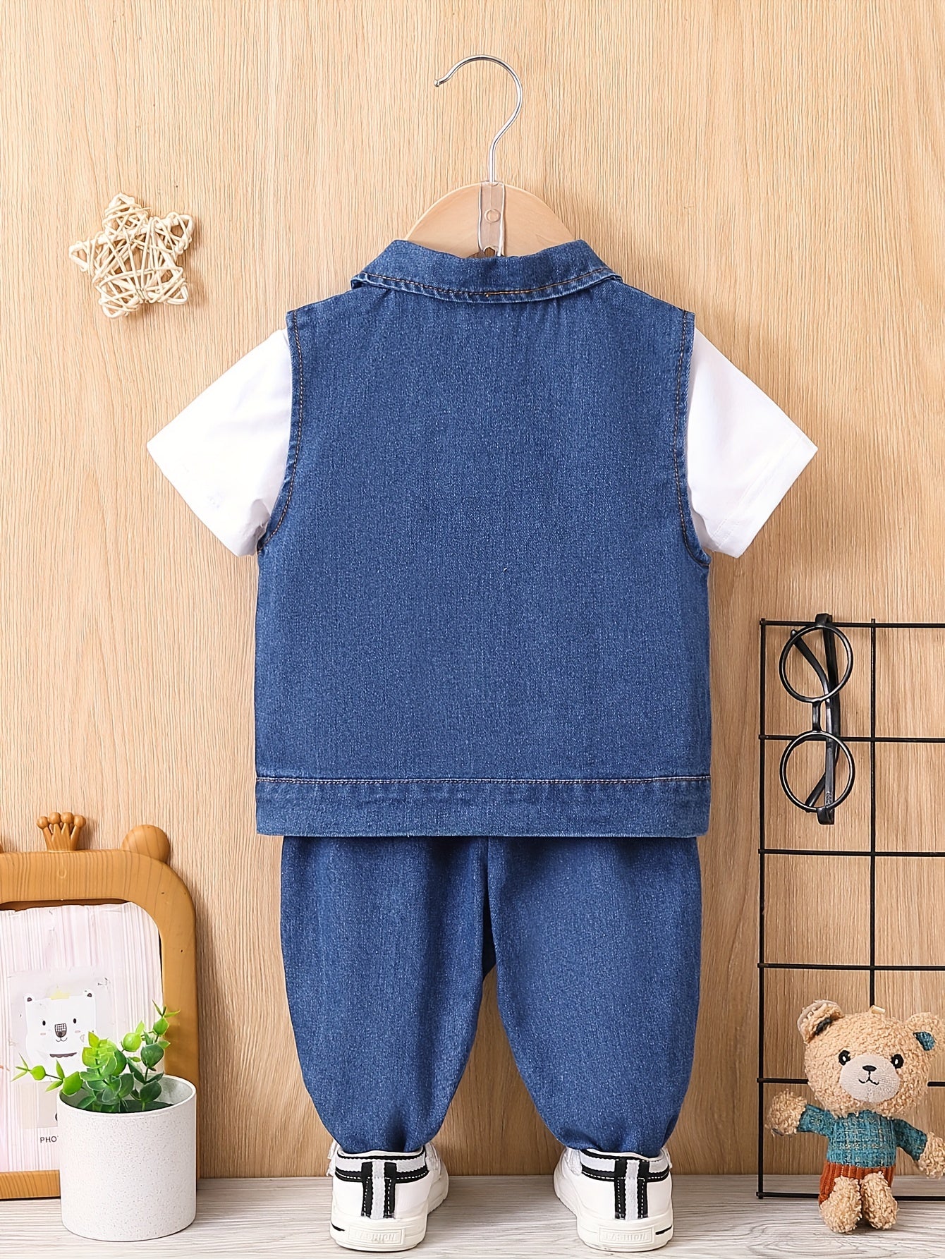 Boys' casual denim outfit with letter embroidery vest, short sleeve t-shirt, and pants.