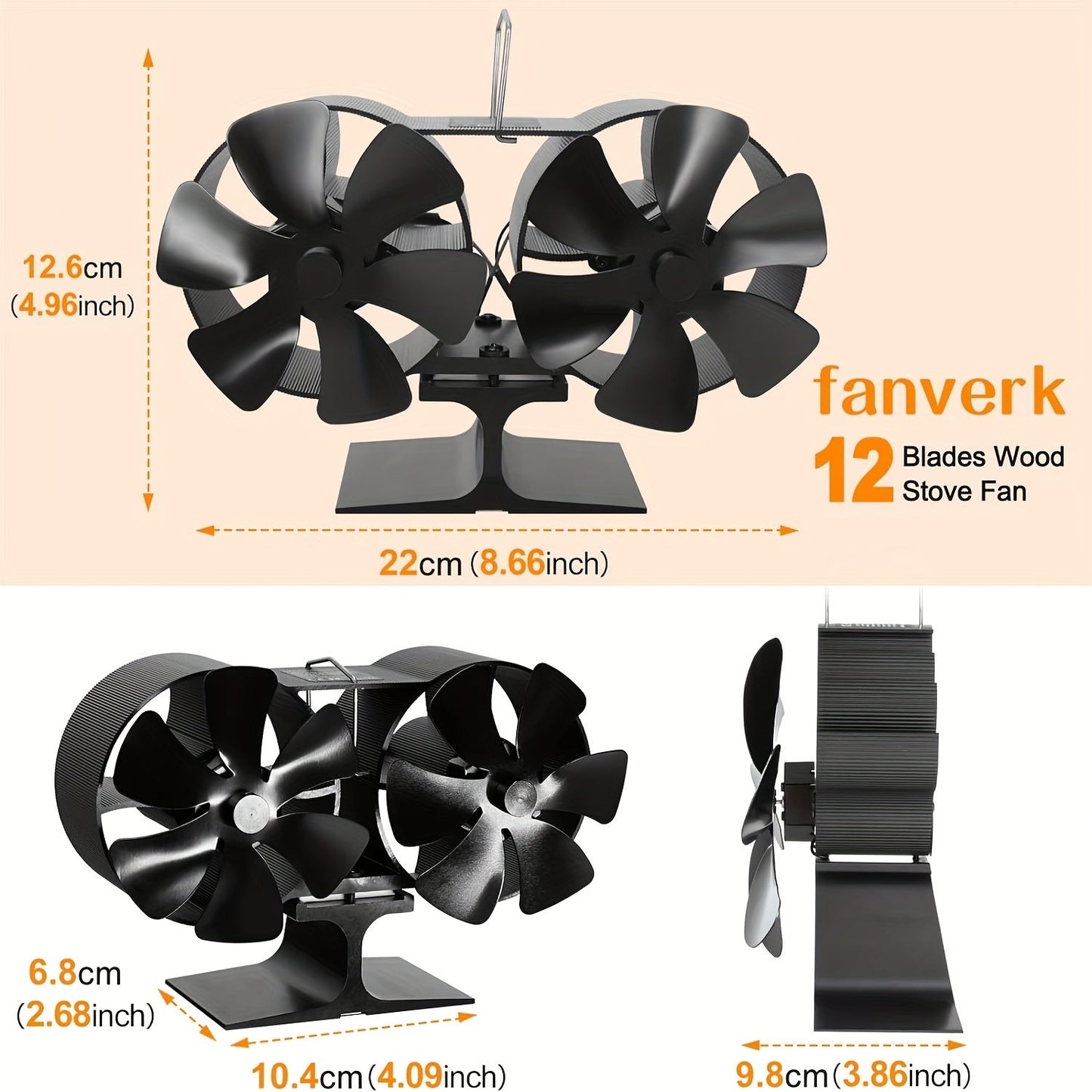 Polished Aluminum Wood Stove Fan with 12 Blades for High-Speed Air Circulation, No Electricity Required - Compatible with Wood, Gas, Pellet, and Log Fireplaces, Comes with Multiple Components