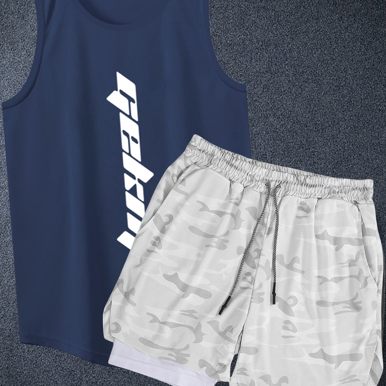 Men's 2-piece basketball outfits with letter print, casual graphic tank top and loose drawstring 2-in-1 shorts set.