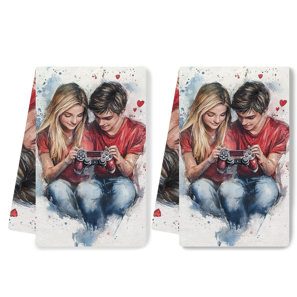 Valentine's Day Gamer Tee Video Game Lover 2-Piece Set of Ultra Soft Kitchen Towels, Highly Absorbent Dish Hand Towels for Holiday Decor, Machine Washable, 16x24 Inch - 2KYSYS1217516