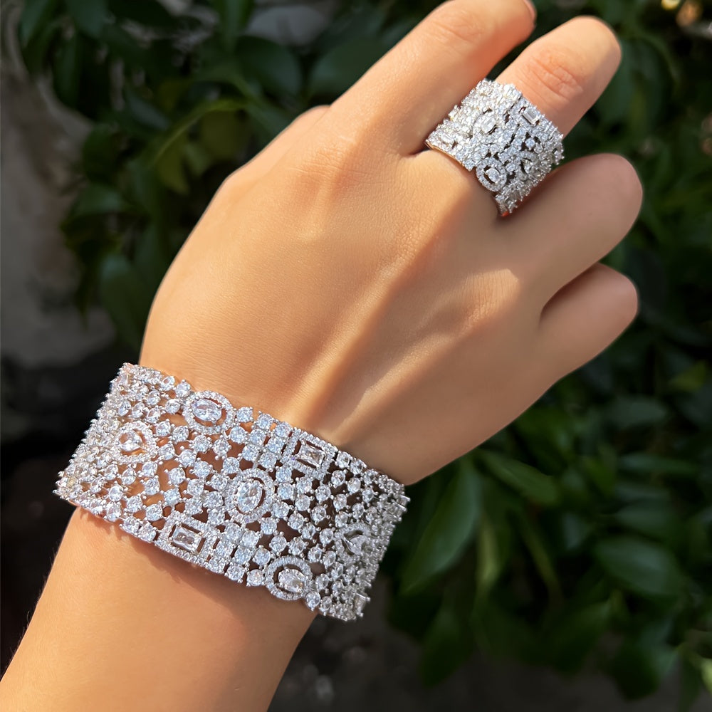 Stunning Zirconia Cuff Bracelet and Ring Set for Women - Perfect for Elegant Bridal Banquets, Wedding Anniversary Parties