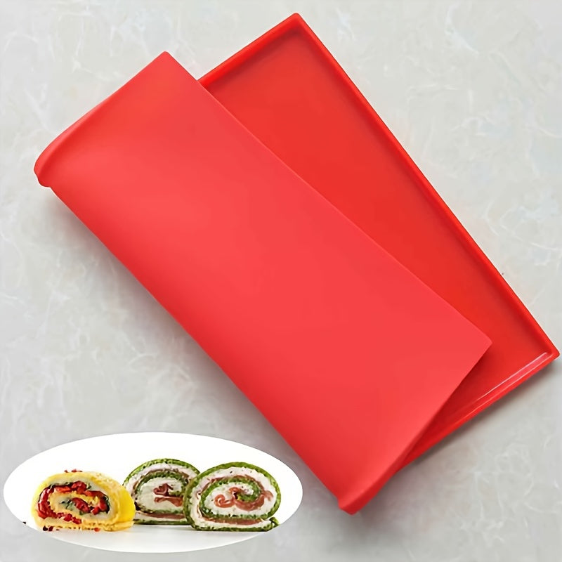 One piece of Swiss Roll Cake Mat measuring 30.48cm X 25.81cm, a flexible baking tray made of silicone, and a cookies mold for the kitchen baking tools.