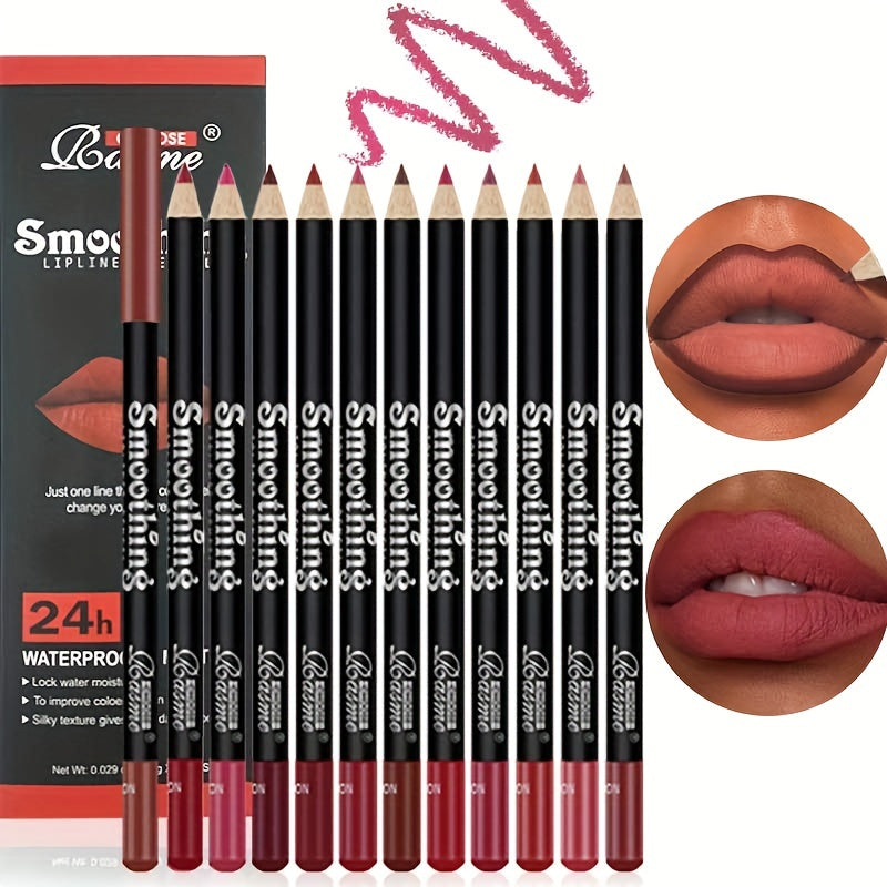 12pc Matte Lip Liner Pencil Set with assorted mocha shades for lip contouring and definition, perfect gift for women.