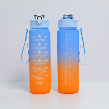 Lightweight water bottle with straw and time stamp, fixed hand strap prevents falling off, practical for daily outings and various sports, reasonable liquid capacity design for reassurance.