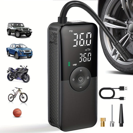 Portable air compressor pump for cars, motorcycles, and bicycles with digital display, USB rechargeable, 2600mAh lithium battery, 36V max voltage, includes accessories.