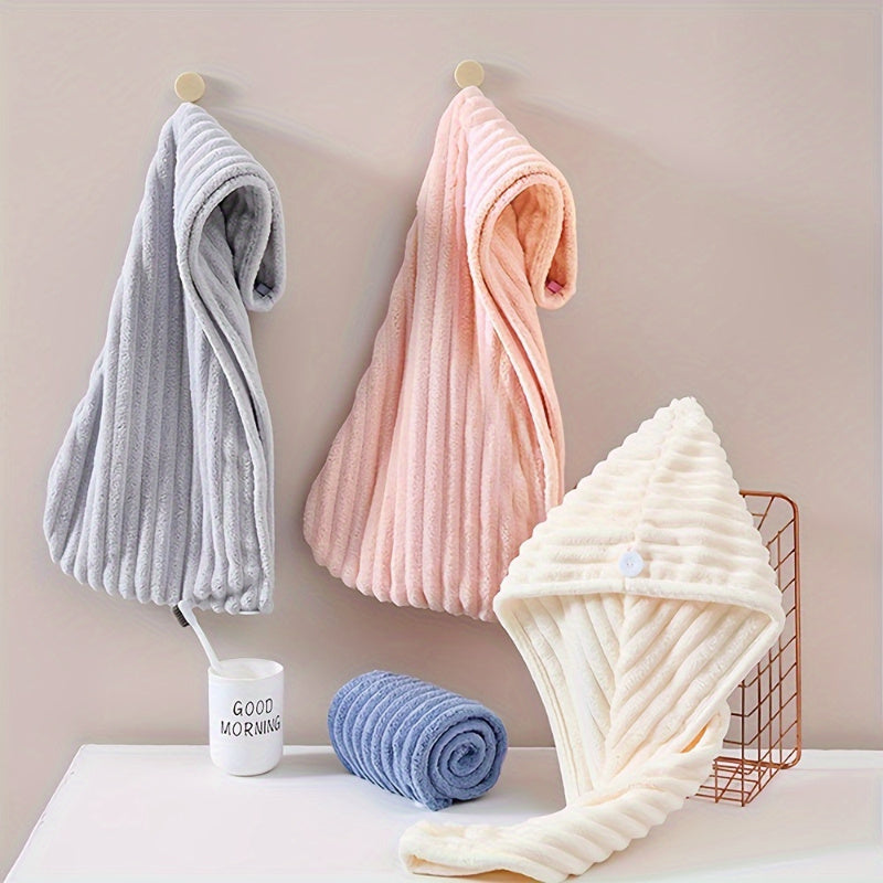 Contemporary soft hair towel pack made of 100% polyester for quick drying and gentle use, no hair dryer required, essential for everyday bathroom use.