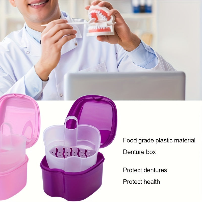 Durable plastic case with built-in brush and filter for complete denture care.