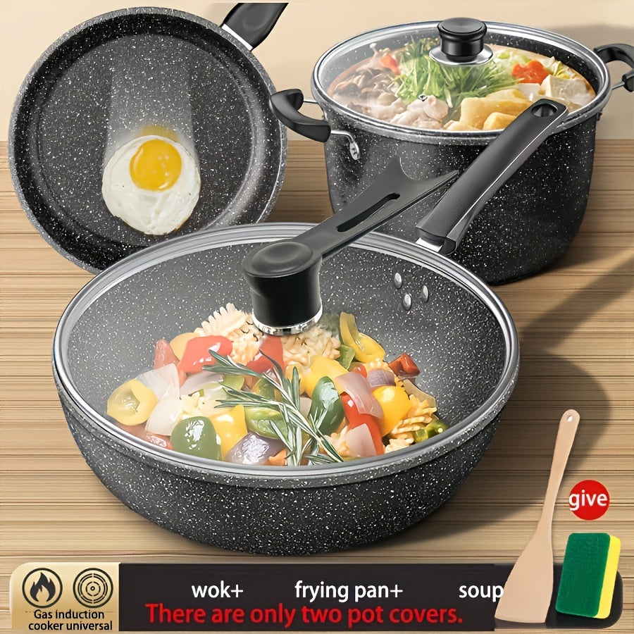 Set of 3 Maifan Stone Non-Stick Cast Iron Cookware Pieces, Suitable for All Stove Types, Hand Wash Only, Comes with Lid - Must-Have Kitchen Set