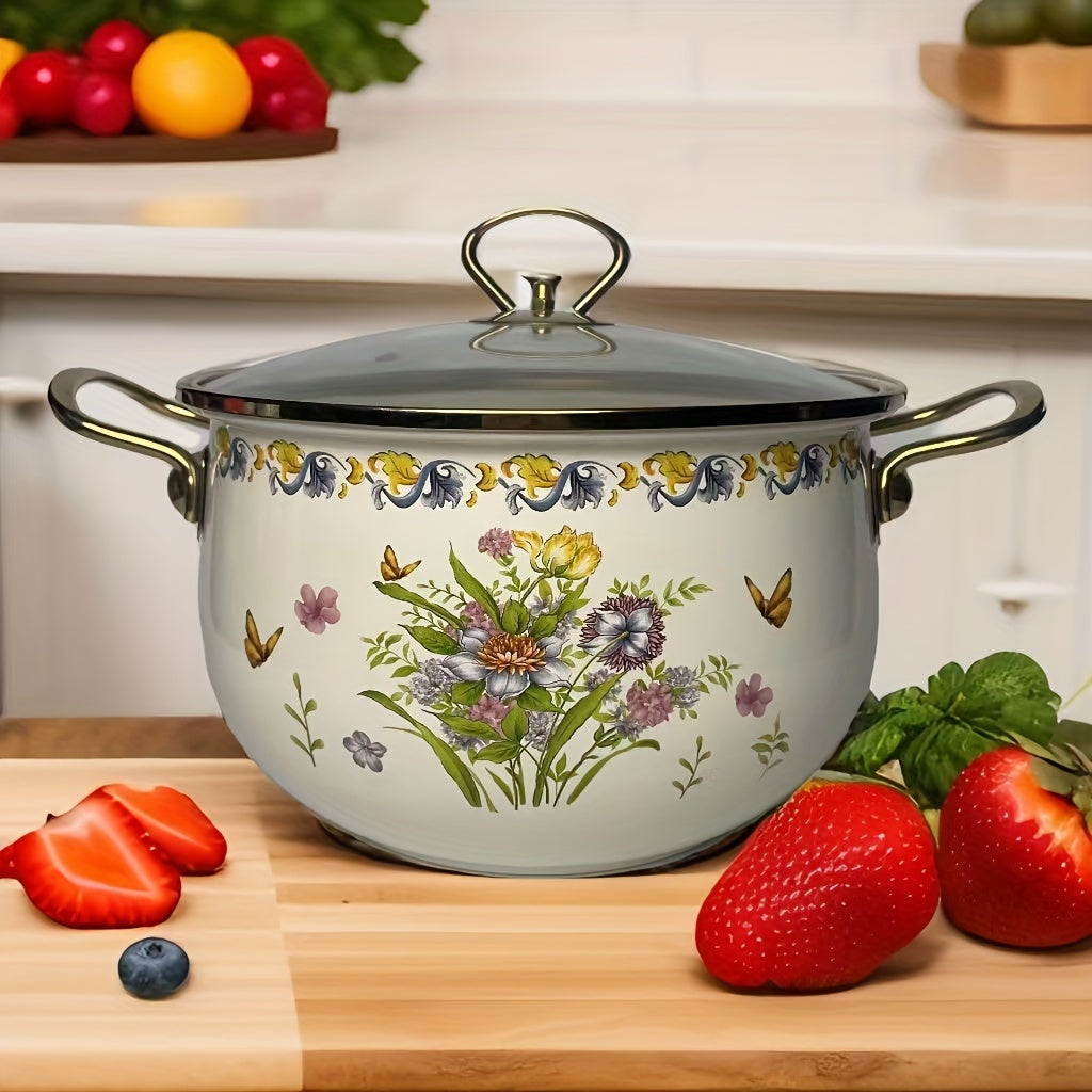 Large Capacity Enamel Stockpot with Lid Featuring Vintage Floral Design and Thickened Enamel Soup Pot with Dual Handles, Perfect for Home Cooking