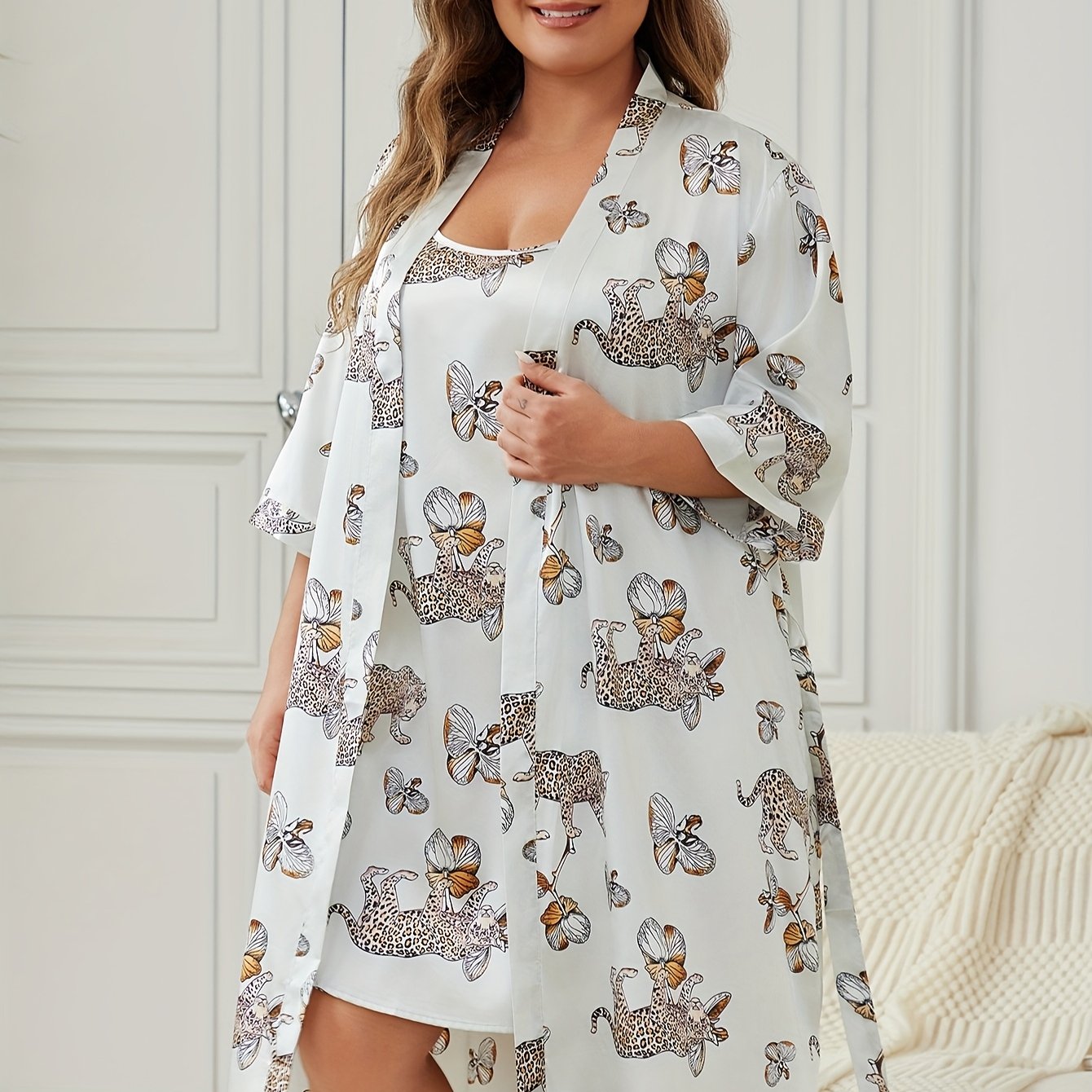 Plus Size Elegant Pajama Set with Satin Leopard Print Robe and Cami Dress.