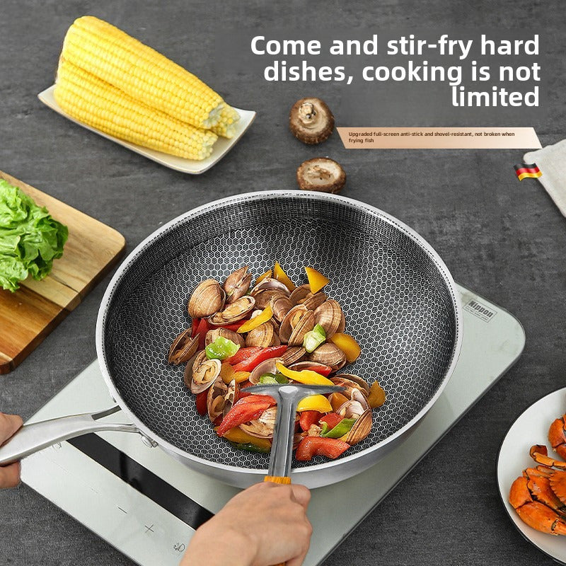 Stainless Steel Wok with Honeycomb Pattern, Non-Stick and Scratch-Resistant Coating, Ideal for Stir-Frying on Gas and Induction Cooktops