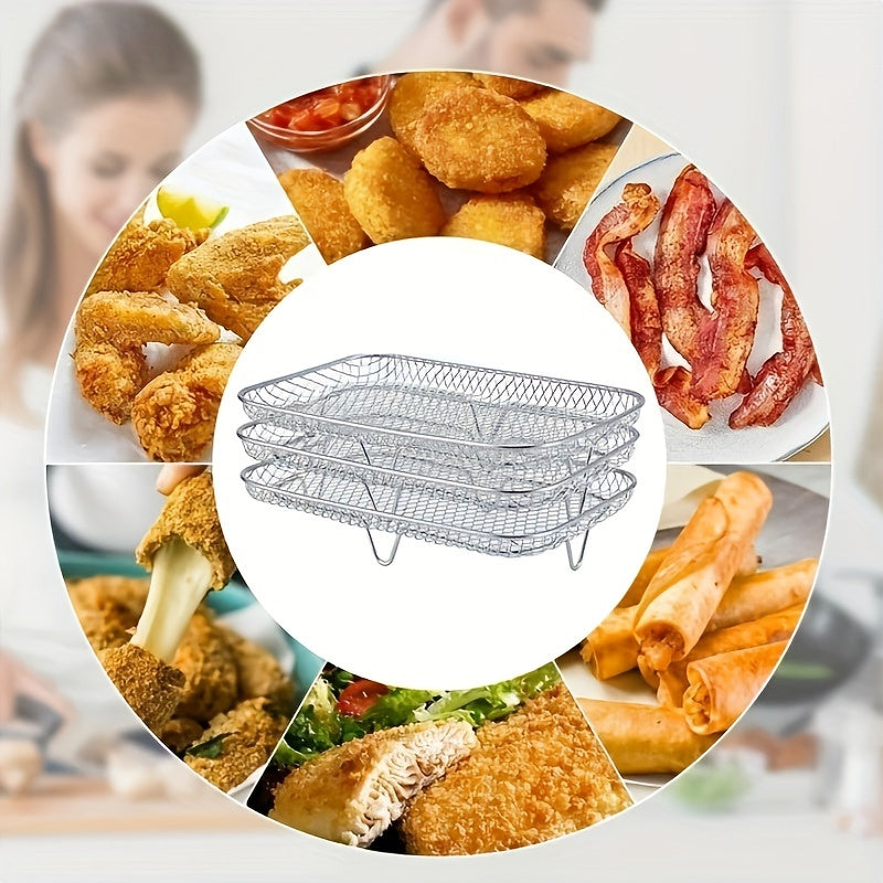 Stainless Steel 3-Piece Layered Rectangle Dehydrator Racks for Ninja Dual Air Fryer - Includes Grilling Rack, Air Fryer Rack, and Basket Tray with Clip and Heighten Feet Pad - Compatible with Double Basket Air Fryers