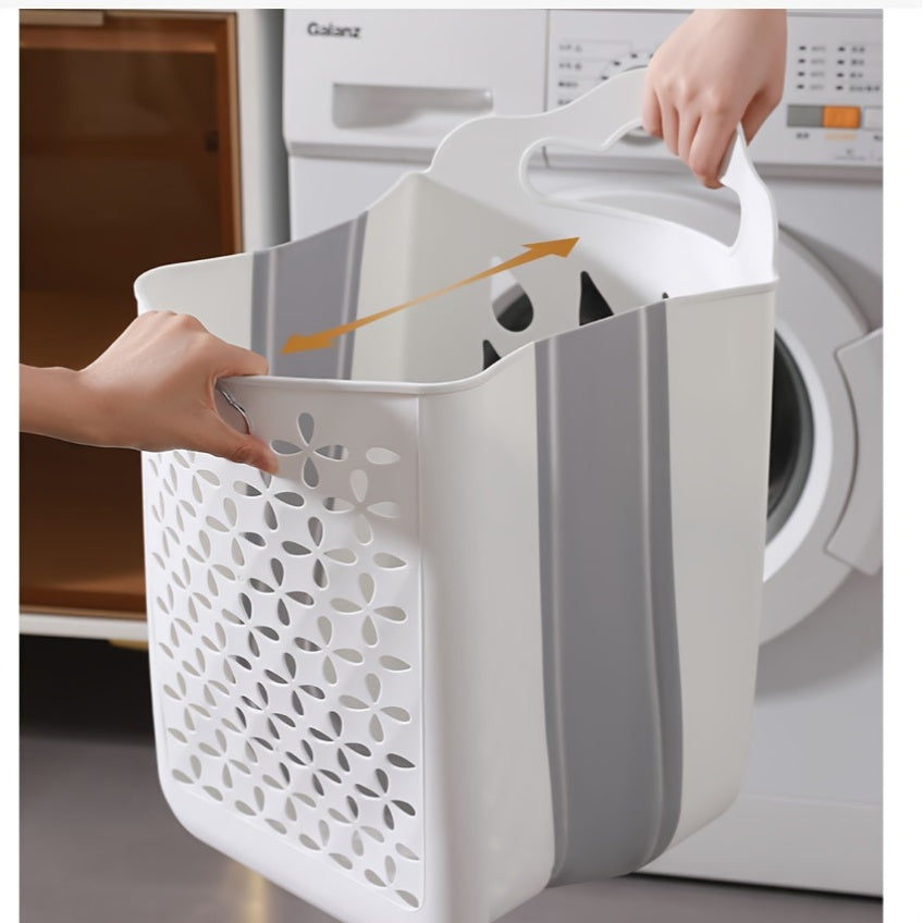 Contemporary wall-mounted laundry basket made of durable plastic with handles. Measures 39x27x19cm and is foldable for easy storage. Can be used as a bathroom organizer or multipurpose hollow bucket for toys, snacks, fruits, and vegetables. Features a