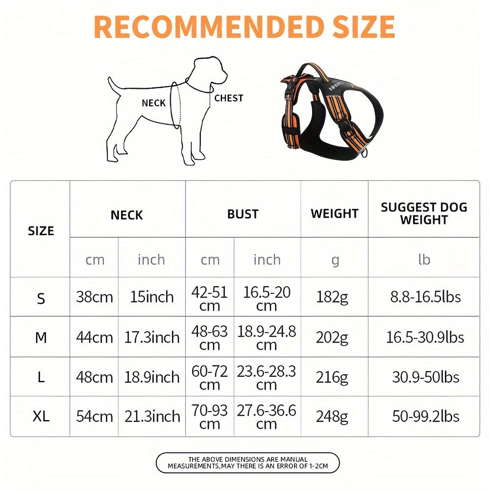 Polyester adjustable dog harness, hand-washable, with reflective material, easy-grip handle, and D-ring. Suitable for large breeds and outdoor walks.