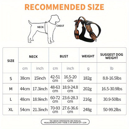 Polyester adjustable dog harness, hand-washable, with reflective material, easy-grip handle, and D-ring. Suitable for large breeds and outdoor walks.