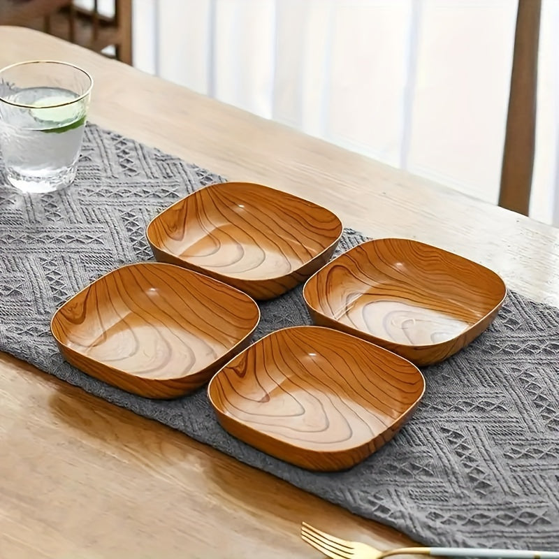 8-piece set of durable and easy-to-clean plastic serving plates with Japanese wood grain design, perfect for serving snacks, fruit, candy, and desserts.