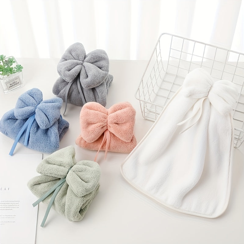 Bowknot Coral Velvet Fingertip Towel, Quick-drying, Absorbent, Cute hanging towel for bathroom.