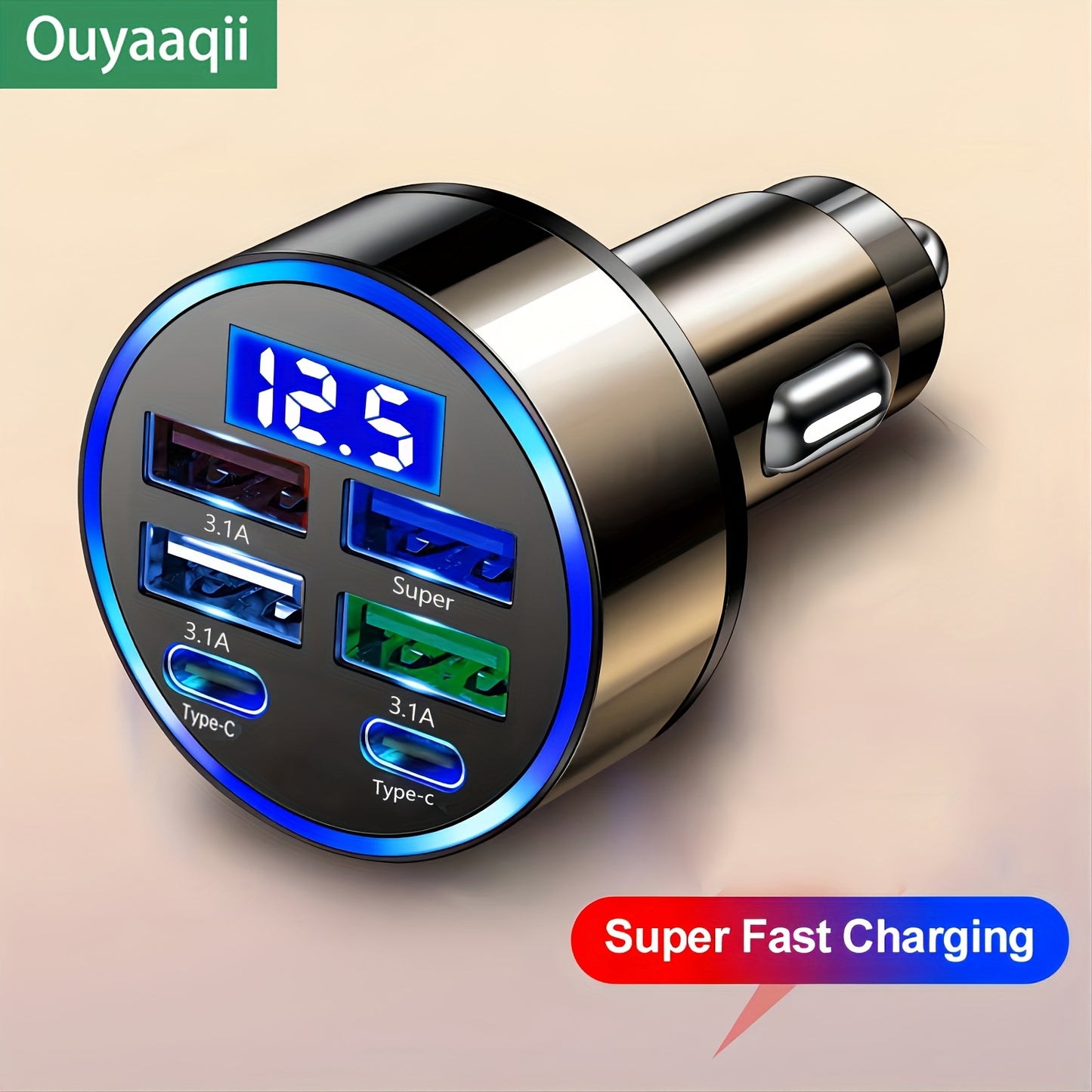 Ouyaaqii QC3.0 Fast Charge Car Adapter with USB Type-B and Digital Display, Glossy Finish