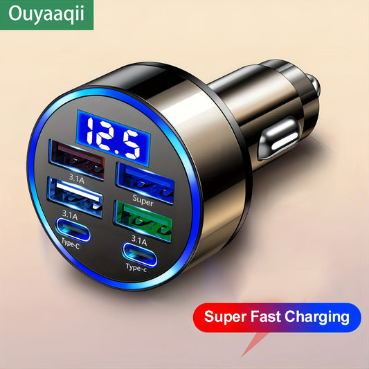 Ouyaaqii QC3.0 Fast Charge Car Adapter with USB Type-B and Digital Display, Glossy Finish