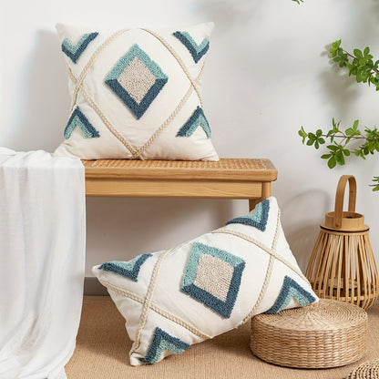 Bohemian geometric pillow cover featuring hemp rope & velvet embroidery - perfect for bedroom, living room, or sofa decor. Square design in beige with jute detailing.