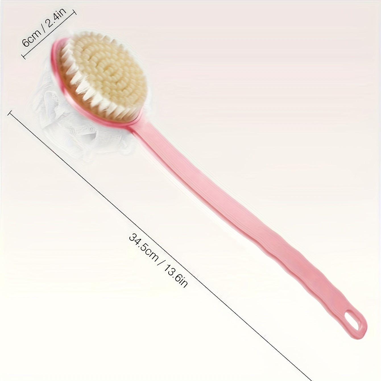 Long-handled back scrubber with soft bristles and bath ball for bathing.