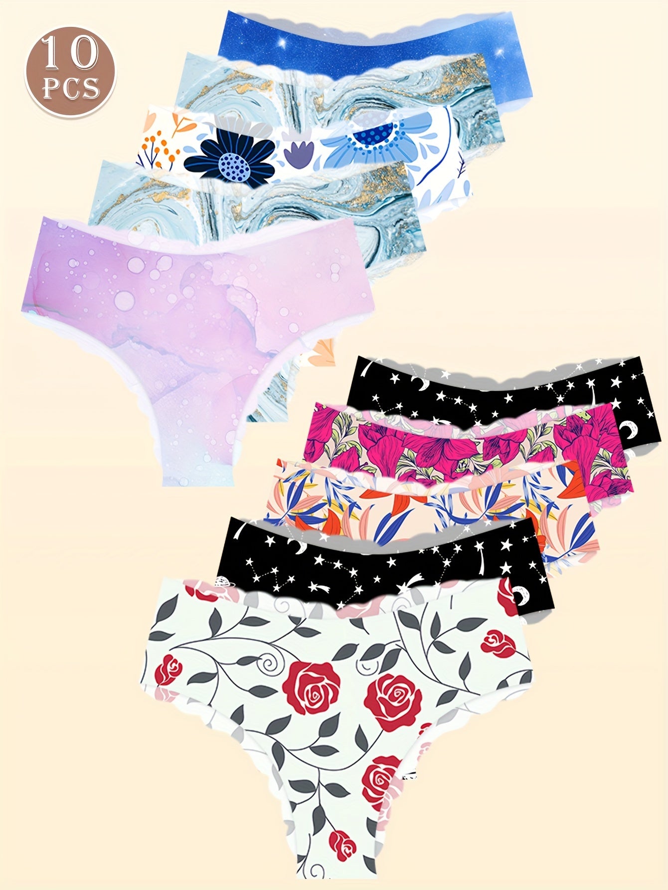 10 Traceless, comfortable and breathable women's underwear with fashionable art print design and low waist fit, perfect for daily wear.